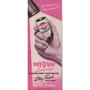 1946 RAY-O-VAC Leakproof Flashlight Batteries Vintage Print Ad (L7)